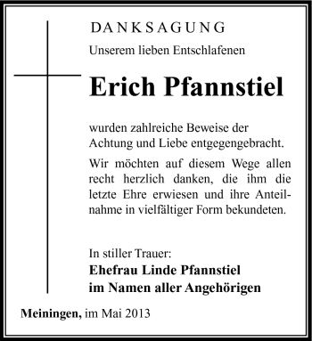 Traueranzeige von Erich Friedrich Pfannstiel von Südthüringer Presse