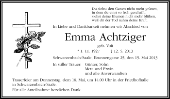 Traueranzeige von Emma Achtziger von Frankenpost