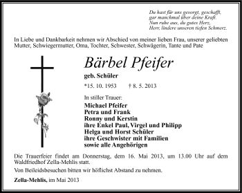 Traueranzeige von Bärbel Pfeifer von Südthüringer Presse
