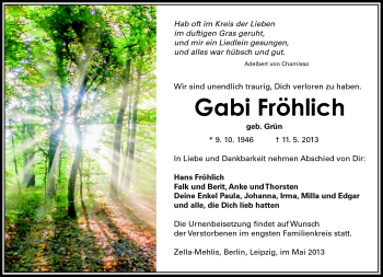 Traueranzeige von Gabriele Fröhlich von Südthüringer Presse