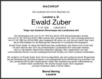 Traueranzeige von Ewald Zuber von Frankenpost