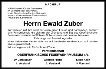 Traueranzeige von Ewald Zuber von Frankenpost