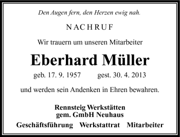 Traueranzeige von EberhardEberhard MüllerMüller von Südthüringer Presse