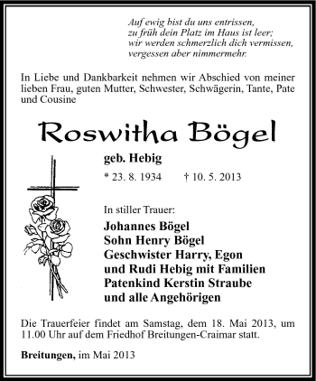 Traueranzeige von Roswitha Bögel von Südthüringer Presse
