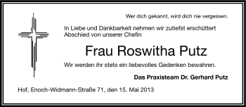 Traueranzeige von Roswitha Putz von Frankenpost