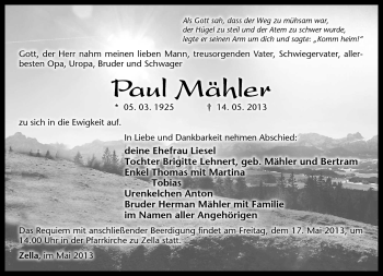 Traueranzeige von Paul Mähler von Südthüringer Presse