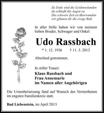 Traueranzeige von Udo Rassbach von Südthüringer Presse