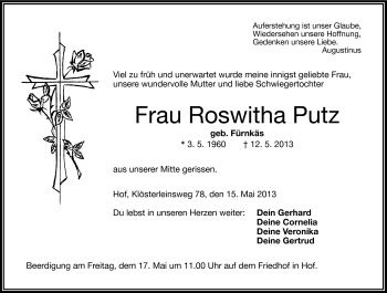 Traueranzeige von Roswitha Putz von Frankenpost