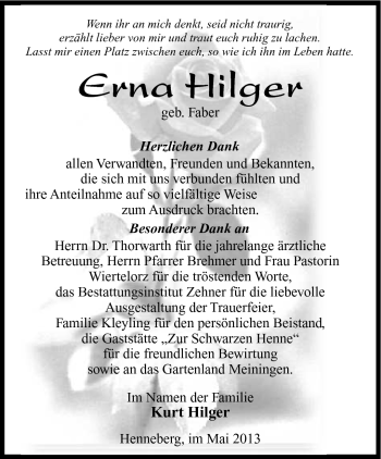 Traueranzeige von Erna Hilger von Südthüringer Presse