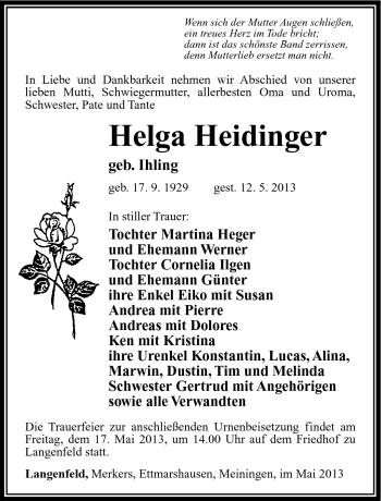 Traueranzeige von Helga Heidinger von Südthüringer Presse