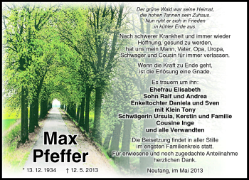 Traueranzeige von Max Pfeffer von Südthüringer Presse