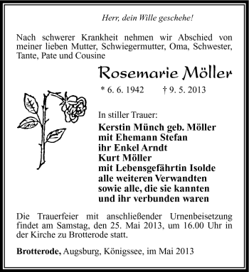 Traueranzeige von Rosemarie Möller von Südthüringer Presse