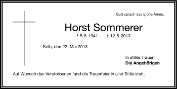 Traueranzeige von Horst Sommerer von Frankenpost