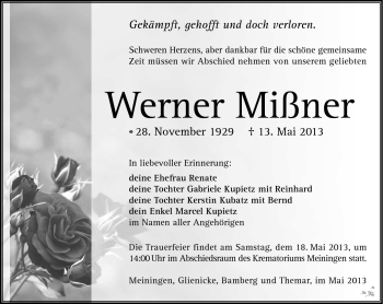 Traueranzeige von Werner Mißner von Südthüringer Presse
