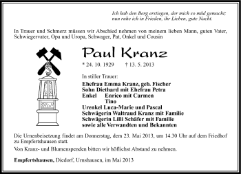 Traueranzeige von Paul Kranz von Südthüringer Presse