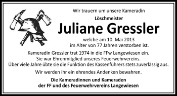 Traueranzeige von Juliane Gressler von Südthüringer Presse