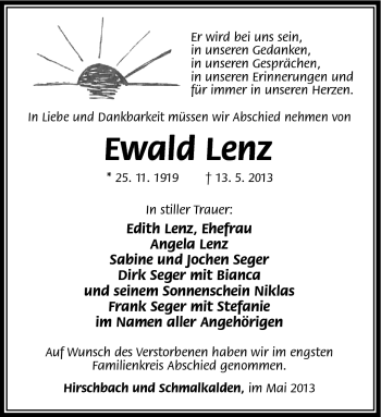 Traueranzeige von Ewald Lenz von Südthüringer Presse
