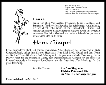 Traueranzeige von Hans Gimpel von Südthüringer Presse