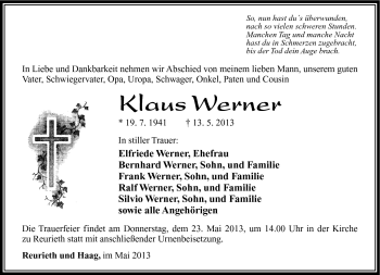 Traueranzeige von Klaus Werner von Südthüringer Presse