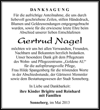 Traueranzeige von Gertrud Nagel von Südthüringer Presse