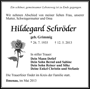 Traueranzeige von Hildegard Schröder von Südthüringer Presse