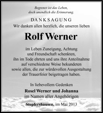Traueranzeige von Rolf Werner von Südthüringer Presse