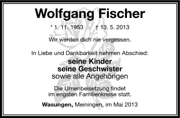 Traueranzeige von Wolfgang Fischer von Südthüringer Presse