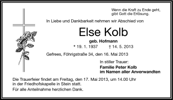 Traueranzeige von Else Kolb von Frankenpost