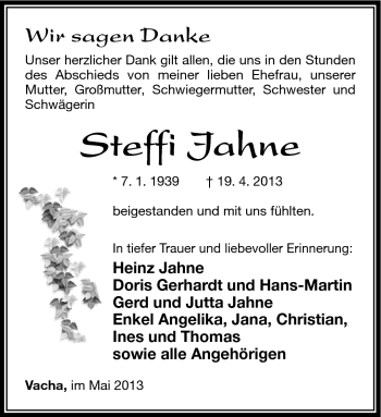 Traueranzeige von Steffi Jahne von Südthüringer Presse