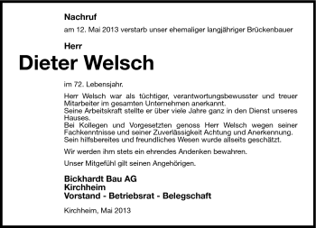 Traueranzeige von Dieter Welsch von Südthüringer Presse