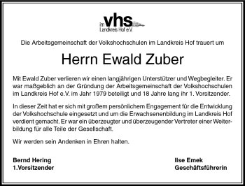 Traueranzeige von Ewald Zuber von Frankenpost