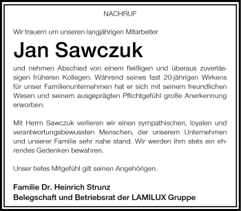 Traueranzeige von Jan Sawczuk von Frankenpost