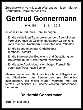 Traueranzeige von Getrud Gonnermann von Südthüringer Presse