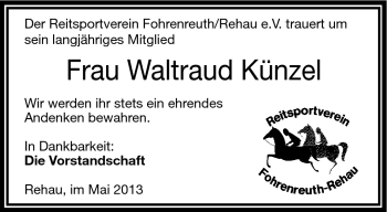 Traueranzeige von Waltraud Künzel von Frankenpost