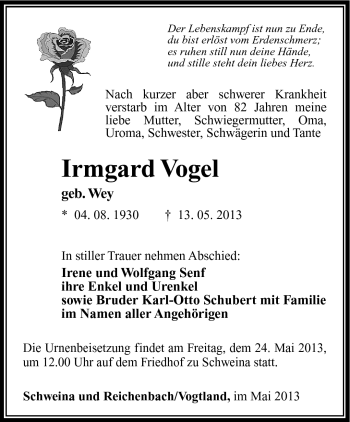Traueranzeige von Irmgard Vogel von Südthüringer Presse
