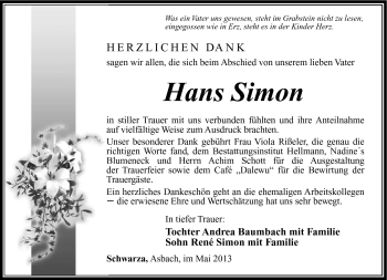 Traueranzeige von Hans Simon von Südthüringer Presse