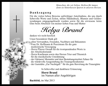 Traueranzeige von Helga Brand von Südthüringer Presse