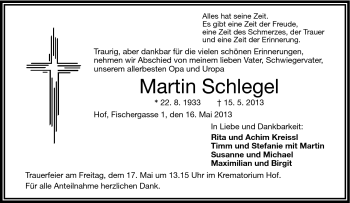 Traueranzeige von Martin Schlegel von Frankenpost