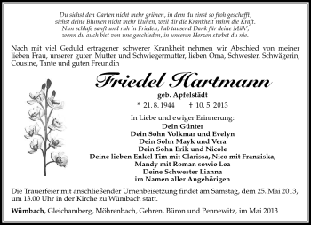 Traueranzeige von Friedel Hartmann von Südthüringer Presse