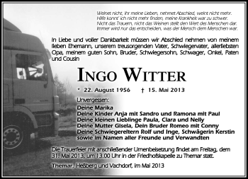 Traueranzeige von Ingo Witter von Südthüringer Presse