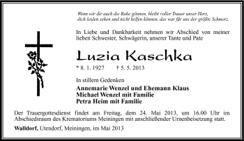 Traueranzeige von Luzia Kaschka von Südthüringer Presse