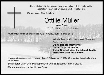 Traueranzeige von Ottilie Müller von Frankenpost