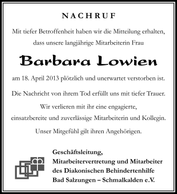 Traueranzeige von Barbara Lowien von Südthüringer Presse