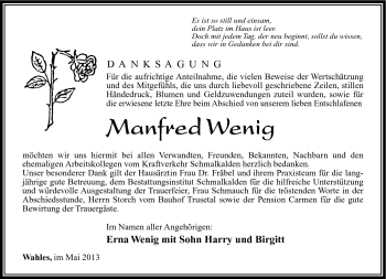 Traueranzeige von Manfred Wenig von Südthüringer Presse
