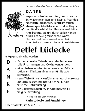 Traueranzeige von Detlef Lüdecke von Südthüringer Presse