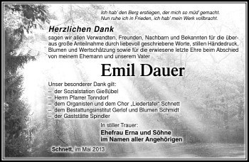 Traueranzeige von Emil Dauer von Südthüringer Presse