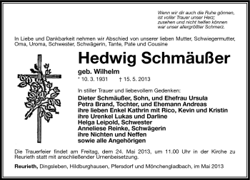 Traueranzeige von Hedwig Schmäußer von Südthüringer Presse