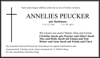 Traueranzeige von Annelies Peucker von Neue Presse Coburg