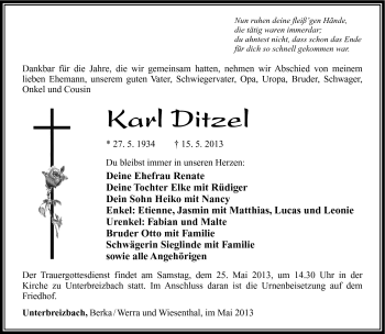 Traueranzeige von Karl Ditzel von Südthüringer Presse