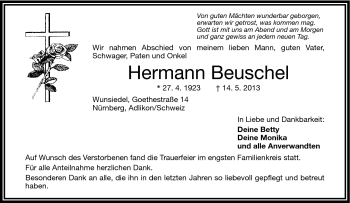 Traueranzeige von Hermann Beuschel von Frankenpost